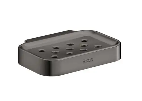 Seifenschale in Schwarz mit glänzender Oberfläche von AXOR, rechteckig mit mehreren Löchern für Wasserablauf und einem Montagebereich an der Rückseite.